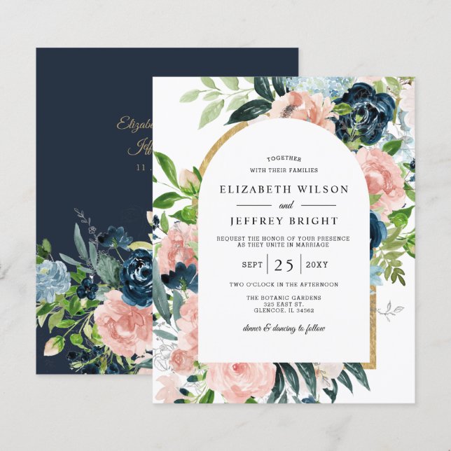 Papier Budget Marine Blush Floral Arc Faire-part de maria (Devant / Derrière)