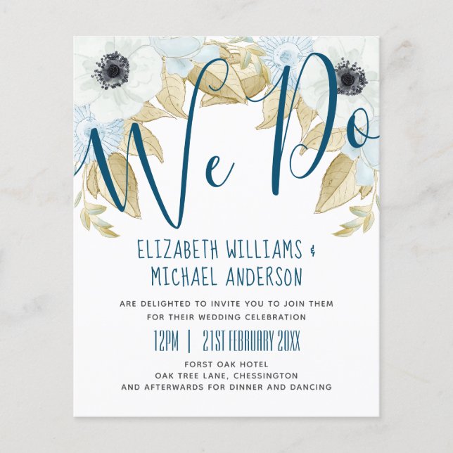 Papier Budget Marine Bue White Anemone Mariage Invitation (Devant)