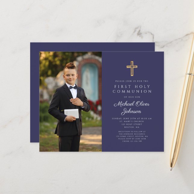 Papier Budget Marine Croix Bleue Photo Boy First Communio (Devant/Arrière en situation)