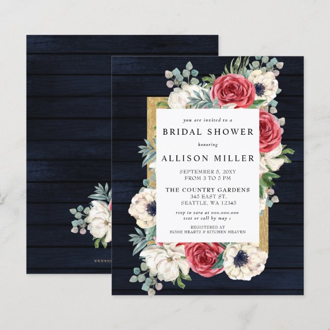 Papier Budget Marine Floral Bridal Show Invitation (Devant / Derrière)