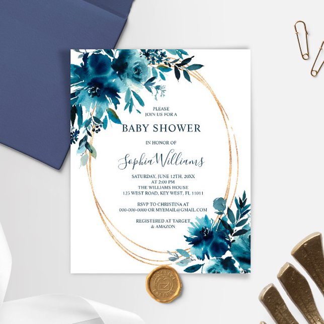 Papier Budget Marine Flowers & Gold Baby shower Invitatio (Créateur téléchargé)