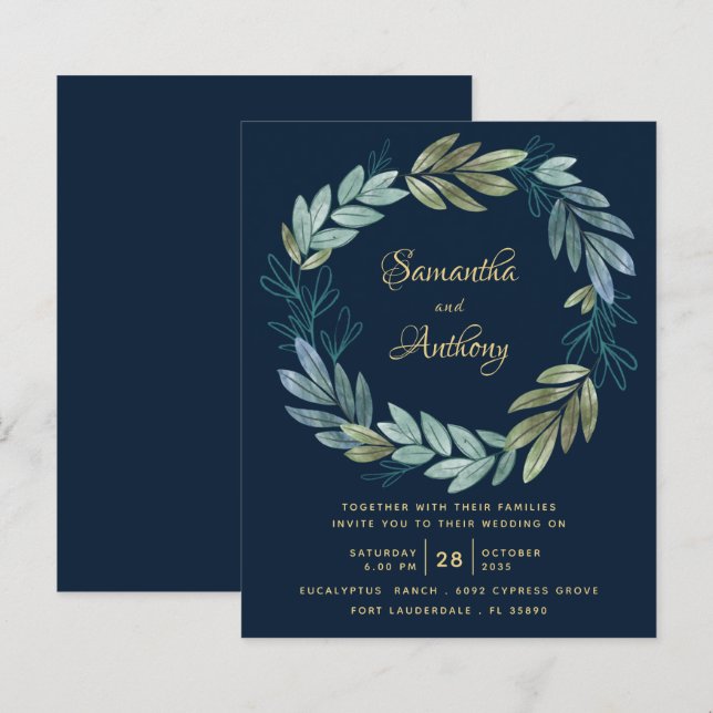 Papier Budget Marine Gold Botanical Faire-part de mariage (Devant / Derrière)
