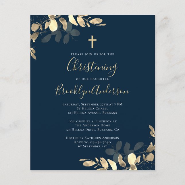 Papier Budget Marine Gold Eucalyptus Christening Invitati (Devant)