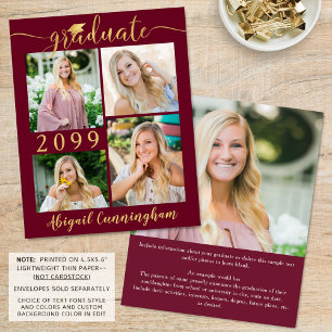 Papier Budget Maroon Gold 5 Photo Graduate Faire-part