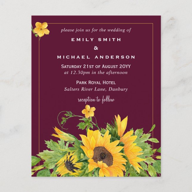 Papier Budget Maroon Jaune Tournesols Mariage Invite (Devant)