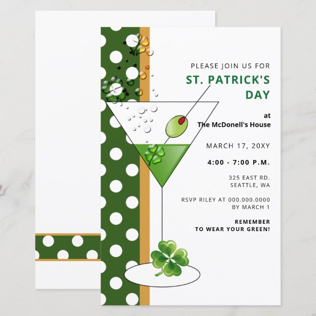 Papier Budget Martini Jour de la Saint Patrick Party Invi (Devant / Derrière)