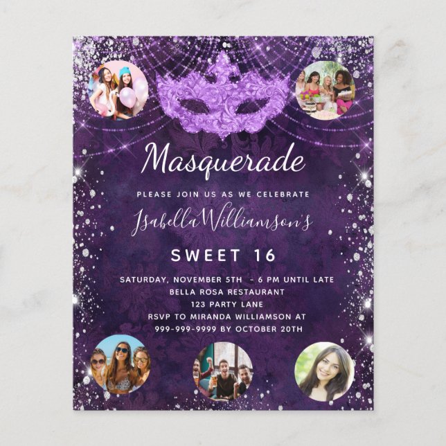 Papier Budget Masquerade violet sucré 16 invitation (Devant)