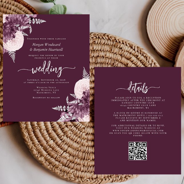 Papier Budget Mauve Silver Floral QR Code Wedding Invite (Créateur téléchargé)