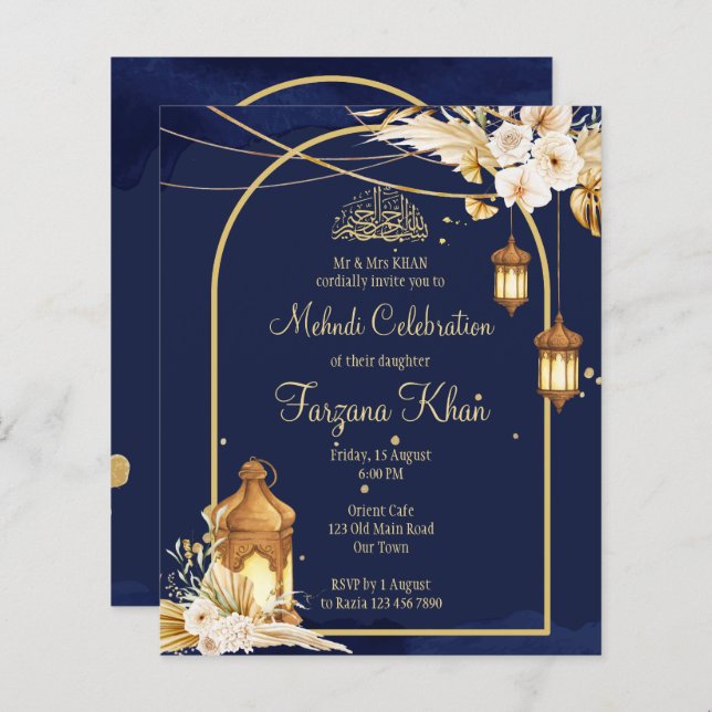 Papier Budget Mehndi invitation lanternes arabes arche d' (Devant / Derrière)