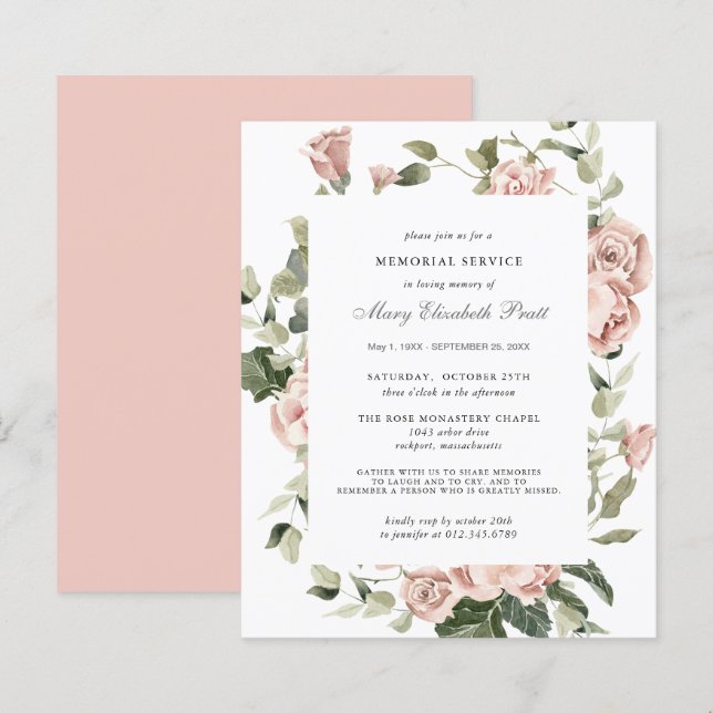 Papier Budget Memorial Service Pink Floral Invitation (Devant / Derrière)