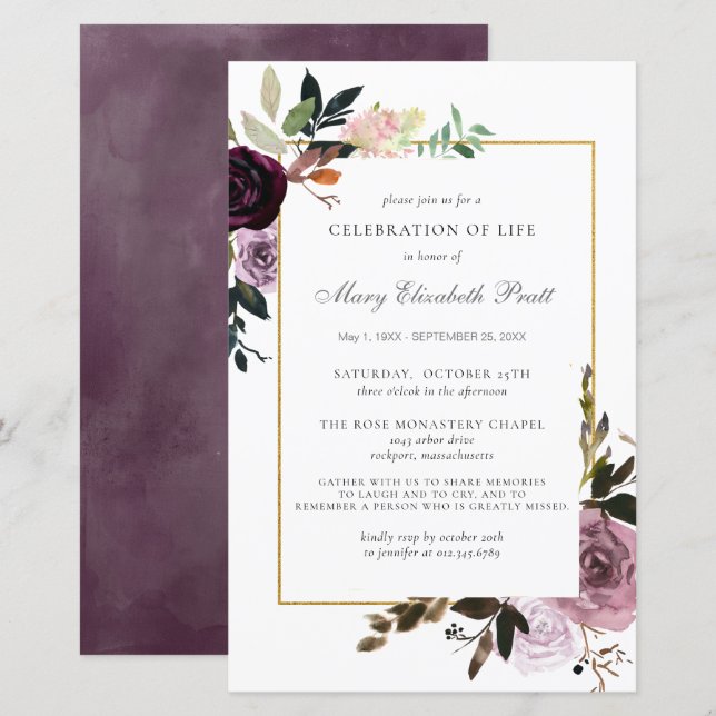 Papier Budget Memorial Service Purple Floral Invitation (Devant / Derrière)