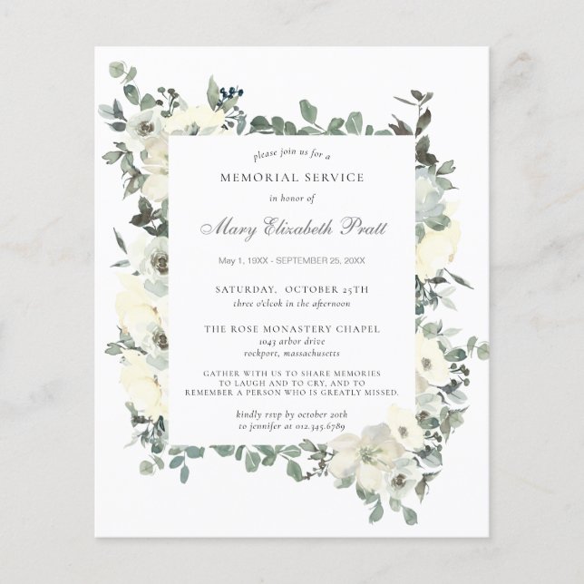 Papier Budget Memorial Service White Floral Invitation (Devant)