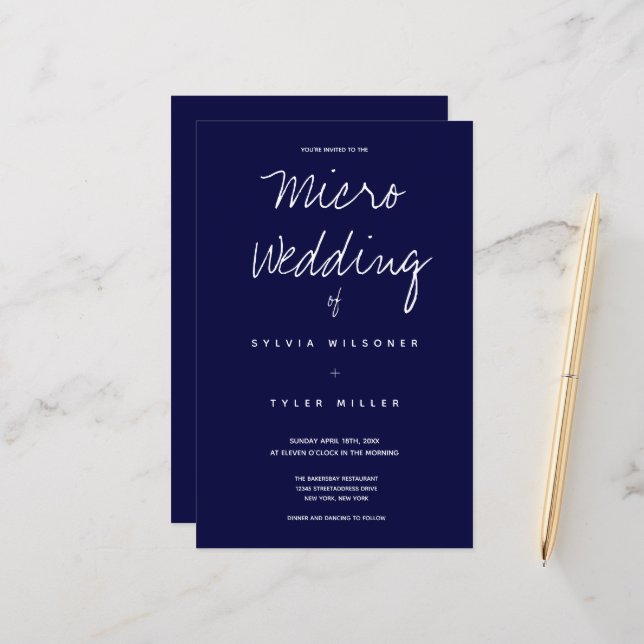 Papier Budget Micro Mariage bleu foncé Typographie (Devant/Arrière en situation)