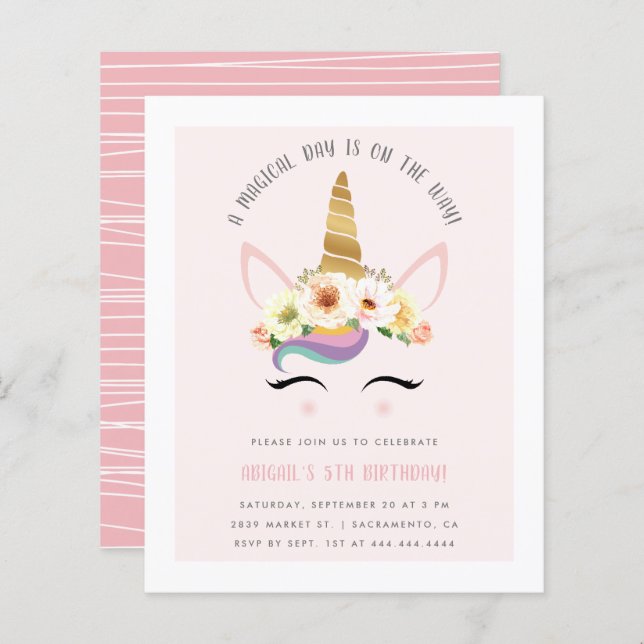 Papier Budget mignon Blush Magique Unicorn Anniversaire f (Devant / Derrière)