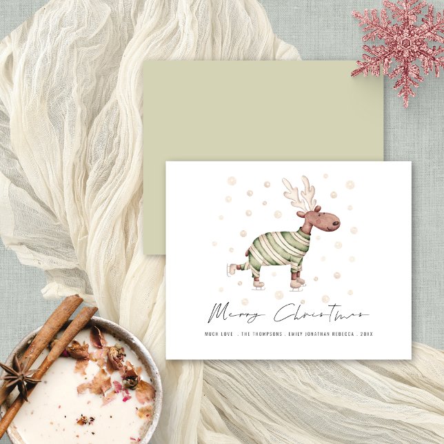 Papier Budget mignon renne de patinage Joyeux Noël (Front and back view. Budget price 4.5 x 5.6" alternative)