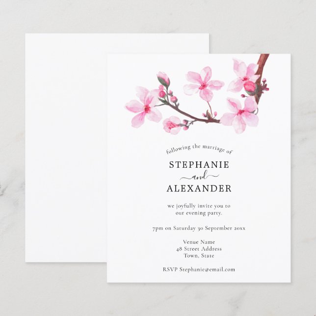 Papier Budget Minimal Cerry Blossom Soirée Invitation (Devant / Derrière)
