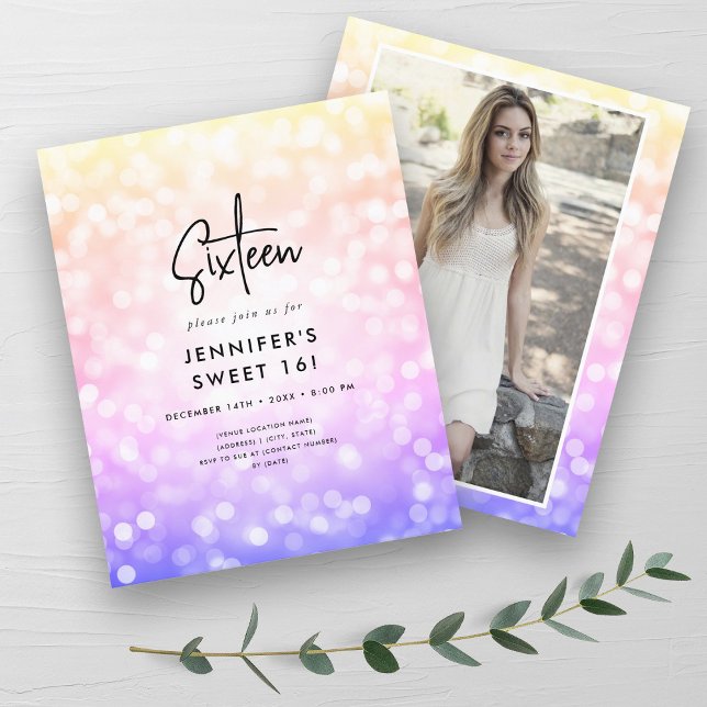 Papier Budget minimal Rainbow Photo Sweet 16 Invitation (Budget Minimal Rainbow Photo Sweet 16 Invite)
