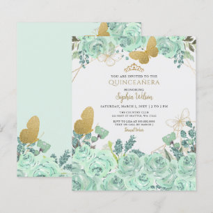 Papier Budget Mint Gold Butterfly Quinceañera Invitation