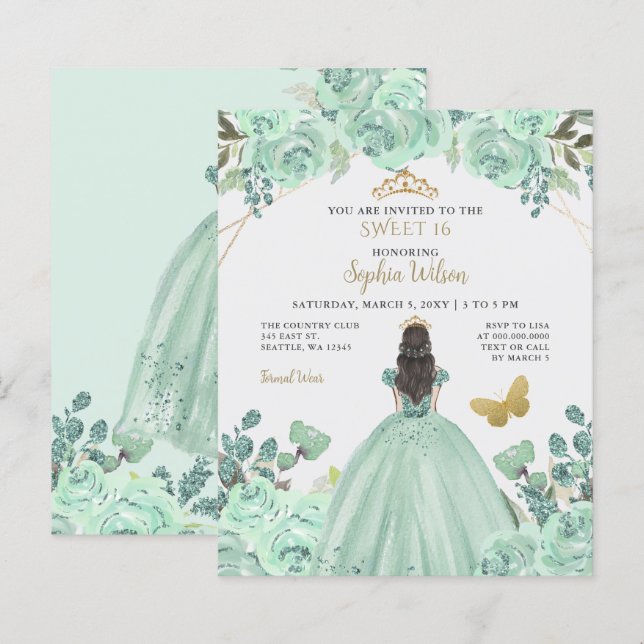 Papier Budget Mint Gold Princess Sweet 16 Invitation (Devant / Derrière)