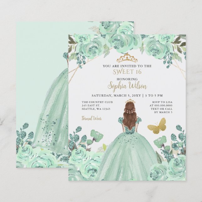 Papier Budget Mint Gold Princess Sweet 16 Invitation (Devant / Derrière)