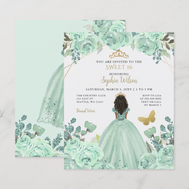 Papier Budget Mint Gold Princess Sweet 16 Invitation (Devant / Derrière)