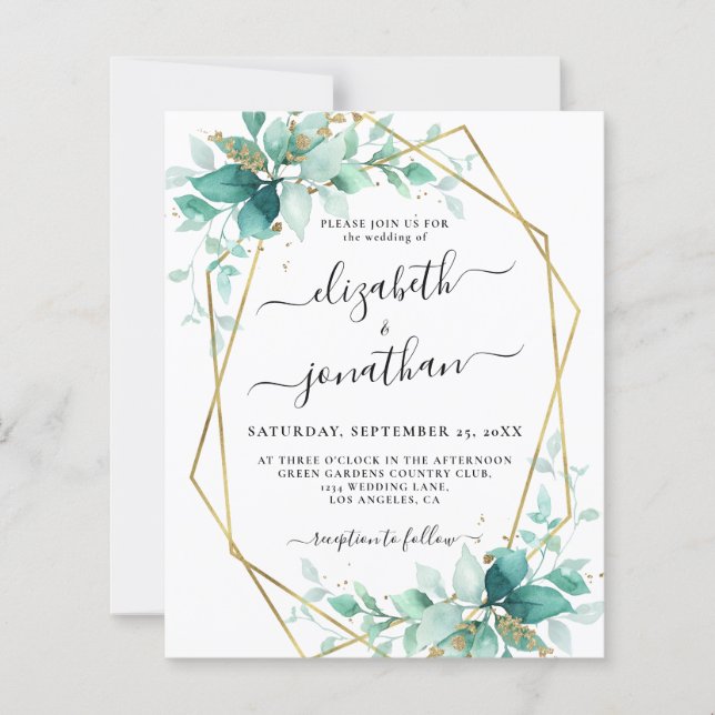 Papier Budget Mint Green Gold Faire-part de mariage (Devant)