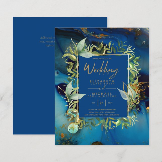 Papier BUDGET Minuit Bleue Or Vert Mariage Invite (Devant / Derrière)