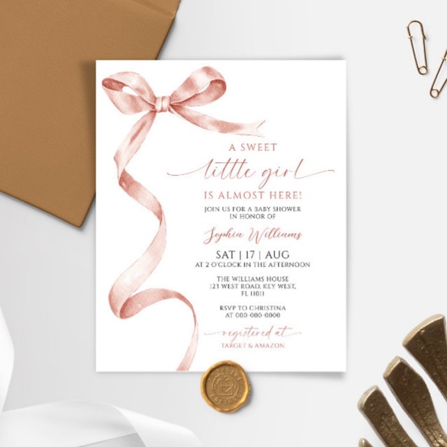 Papier Budget Mocha Bow Sweet Girl Baby shower Invitation (Créateur téléchargé)