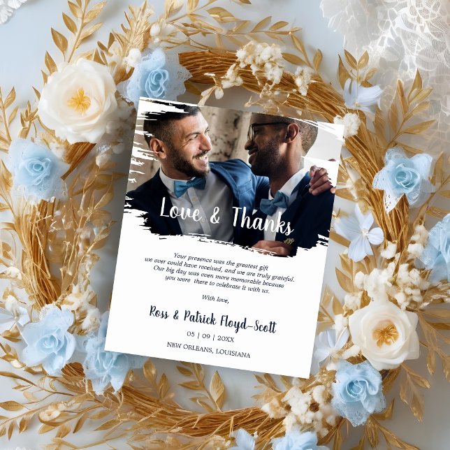 Papier Budget Modern Brushtroke Fake effect Photo (Inexpensive Cheap Brushstroke Fake effect Photo Newlyweds Thanks You Card with Envelope.)