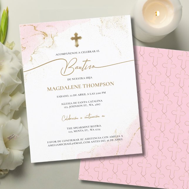 Papier Budget Modern Gold Cross Girl Bautizo Pink (Créateur téléchargé)