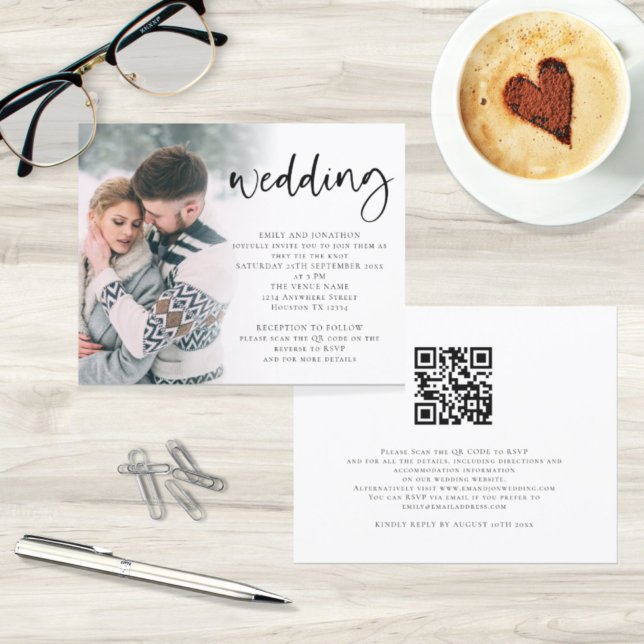 Papier Budget Modern Script Photo QR Code Mariage Invitat (Créateur téléchargé)
