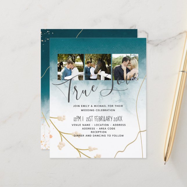 Papier BUDGET Moderne Abstrait mariage Turquoise or Invit (Devant/Arrière en situation)