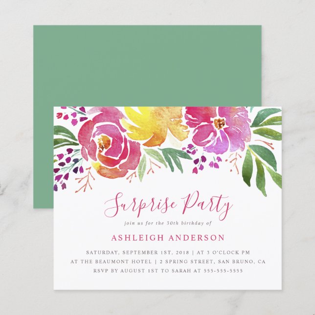 Papier Budget Moderne Aquarelle Florale Surprise Party (Devant / Derrière)