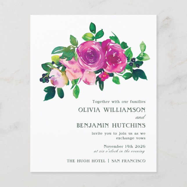 Papier Budget Moderne Aquarelle Magenta Floral Mariage (Devant)