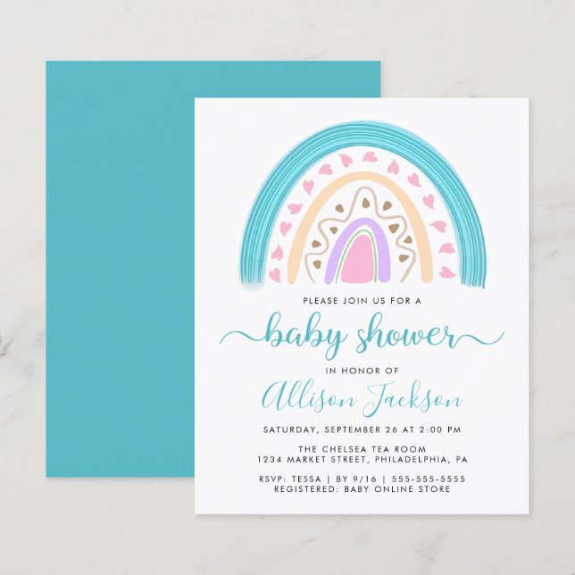 Papier Budget Moderne Baby shower arc-en-ciel Invitation (Devant / Derrière)