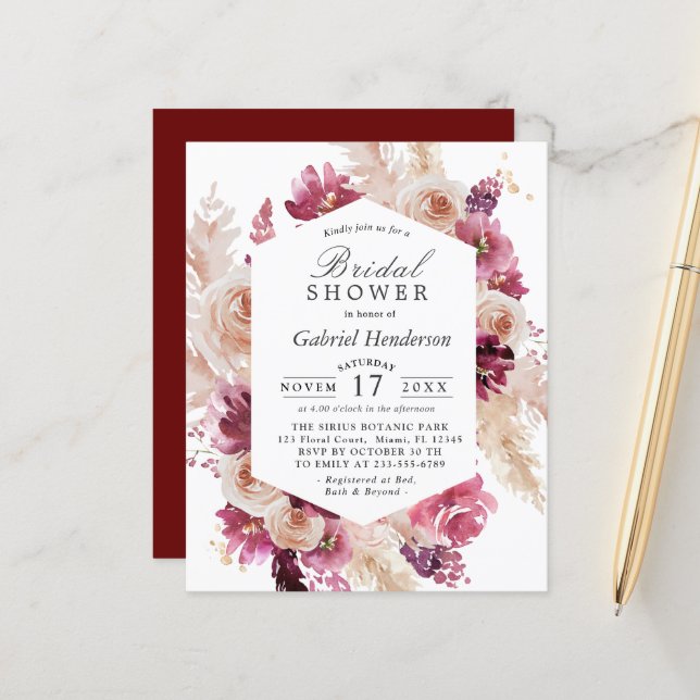 Papier Budget Moderne Boho Maroon nuptiale de douche Invi (Devant/Arrière en situation)