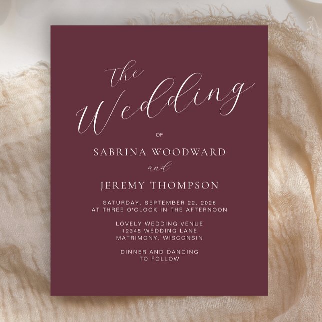 Papier Budget Moderne Calligraphie Bourgogne Mariage Invi (An elegant choice for a wedding with a burgundy color palette.)