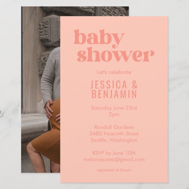 Papier Budget Moderne Cute Peach Baby shower Photo Invita (Devant / Derrière)