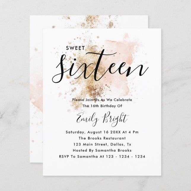 Papier Budget Moderne Design Rose Or Sweet 16 Invitation (Devant / Derrière)