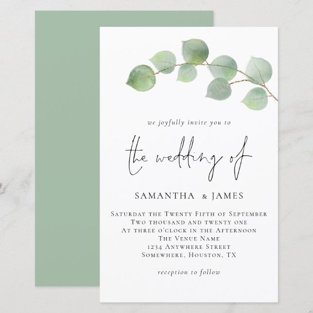 Papier Budget Moderne Eucalyptus Faire-part de mariage (Devant / Derrière)