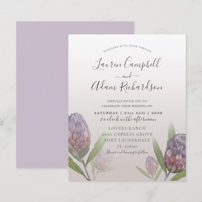 Papier Budget Moderne Faire-part de mariage Floral Violet (Devant / Derrière)