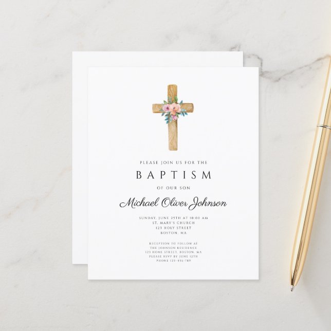 Papier Budget Moderne Floral Cross Baptism Invitation (Devant/Arrière en situation)