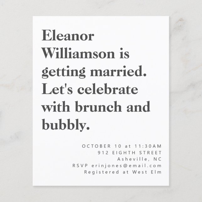 Papier Budget Moderne Gras Noir Blanc Bridal Brunch (Devant)