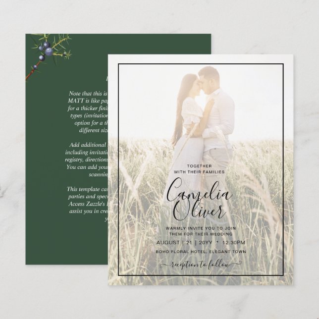 Papier Budget moderne Juniper Green Faire-part de mariage (Devant / Derrière)