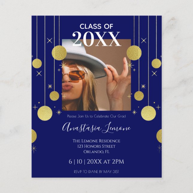 Papier Budget Moderne Marine & Gold Graduation Invitation (Devant)
