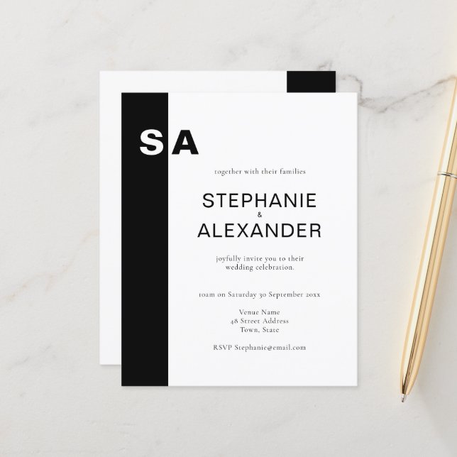 Papier Budget Moderne Monogramme Noir Blanc Mariage Invit (Devant/Arrière en situation)