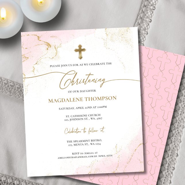 Papier Budget Moderne Pink Gold Cross Christening fille (Créateur téléchargé)