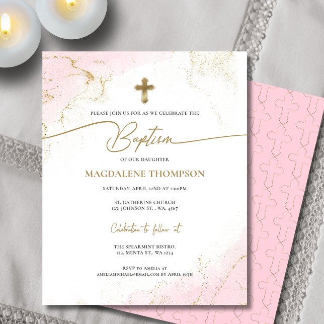 Papier Budget Moderne Pink Gold Cross Girl Baptism (Créateur téléchargé)