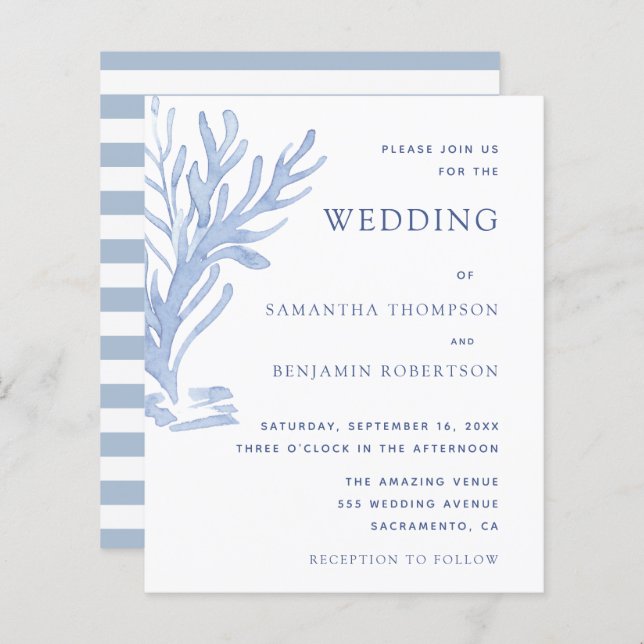 Papier Budget moderne Plage Mariage Invitation Bleu Blanc (Devant / Derrière)