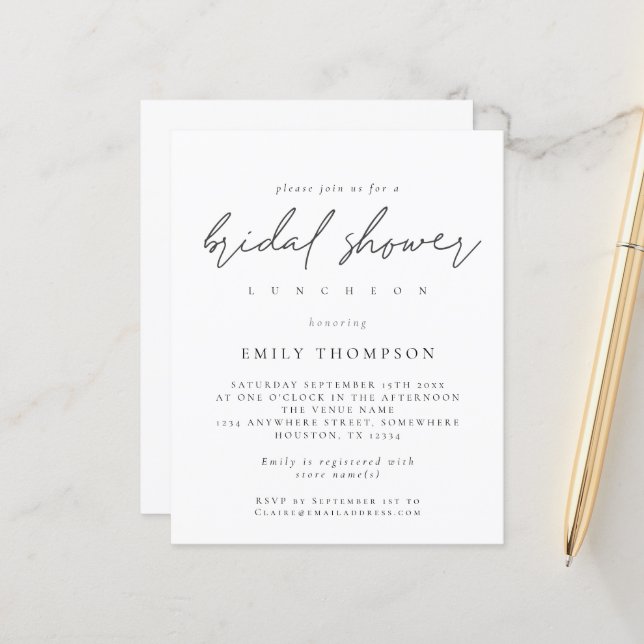 Papier Budget Moderne Script Bridal Douche Invitation (Devant/Arrière en situation)